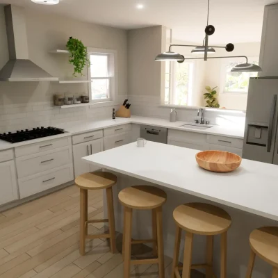 Contemporary kitchen render with custom shaker cabinetry, large island and white subway tile backsplash